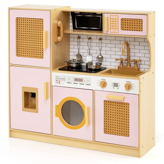 Topbuy Kids Kitchen Playset Wooden Play Kitchen w/Realistic Lights & Sounds Pink