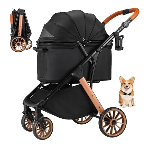 Foldable Dog Stroller for Medium Small Dogs Cats Up to 55 Lbs, Aluminum and Carbon Steel Frame Pet Stroller, Height-Adjustable Handle Puppy Strollers with Zipperless Design, Shock Absorbers