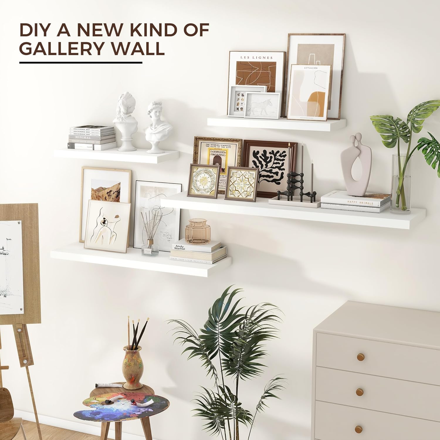 Floating Shelves for Wall, Large Wall Mounted Shelves with Invisible Brackets, Long Wood Floating Wall Shelf Shelves for Living Room, Bedroom, Kitchen, Bathroom Decor (White, 48" W x 9" D x 1.5" H)