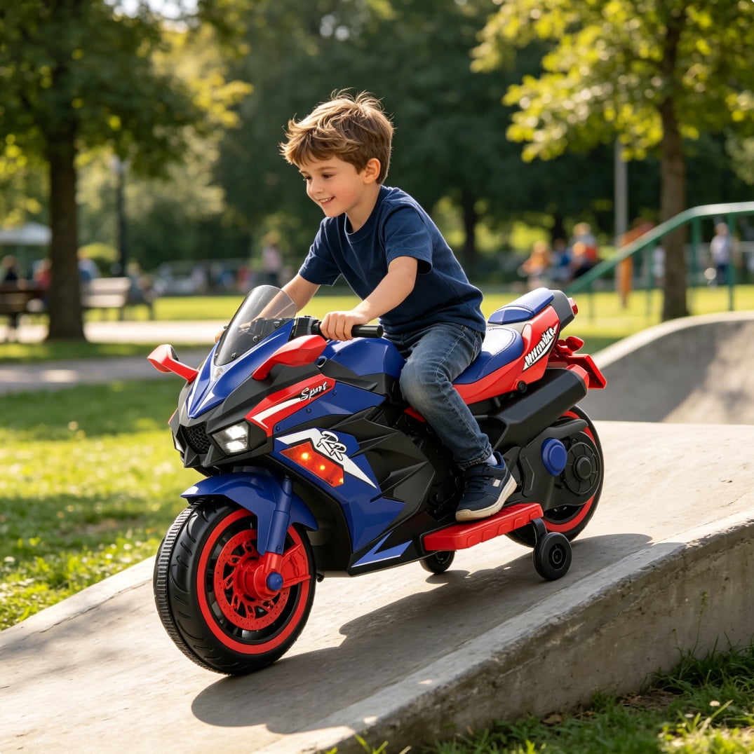 HNH 12V Ride on Motorcycle with Remote Control, Kids Electric Motorcycle with Music, Bluetooth, Lights