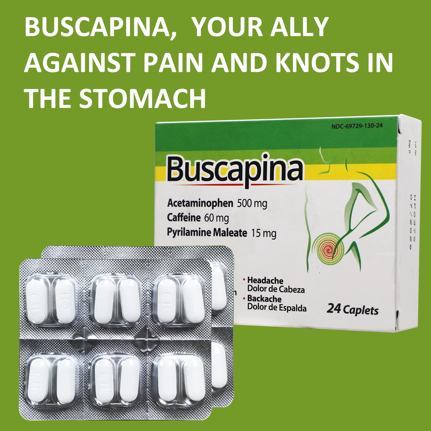 Buscapina Multi Symptom Acetaminophen and Caffeine Pain Relief, 24 Tablets