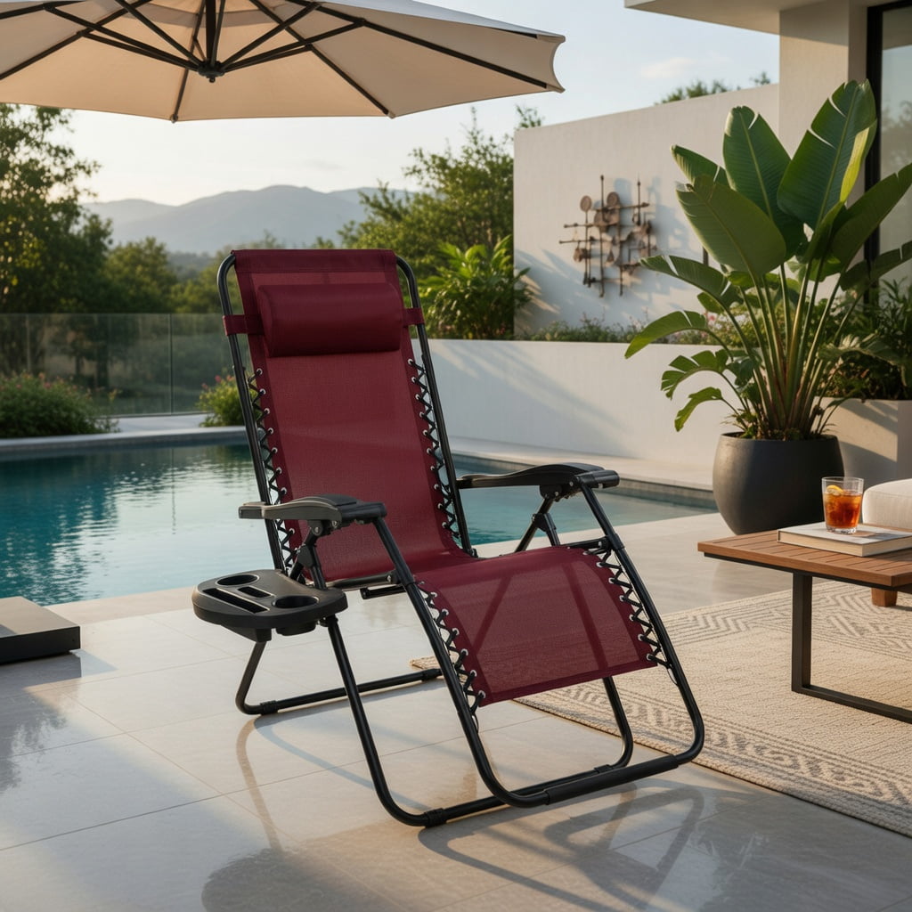 Hommoo Zero Gravity Folding Lounge Chair for Outdoor & Indoor Use, Heavy-Duty Steel Frame, Compact Foldable Design with Cup Holder & Adjustable Recline, Dark Red