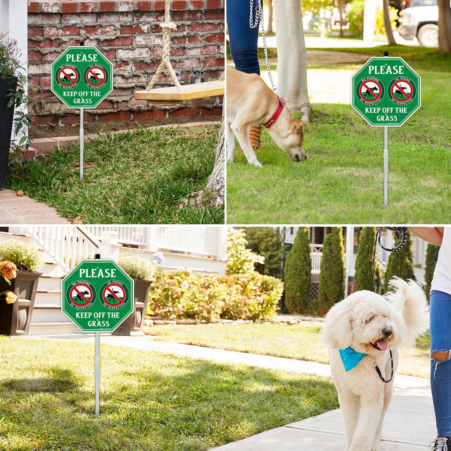 Faittoo No Peeing No Pooping Dog Sign with 36" Stake for yard 4-Pack 12"x12"Reflective Aluminum Keep off The Grass Sign