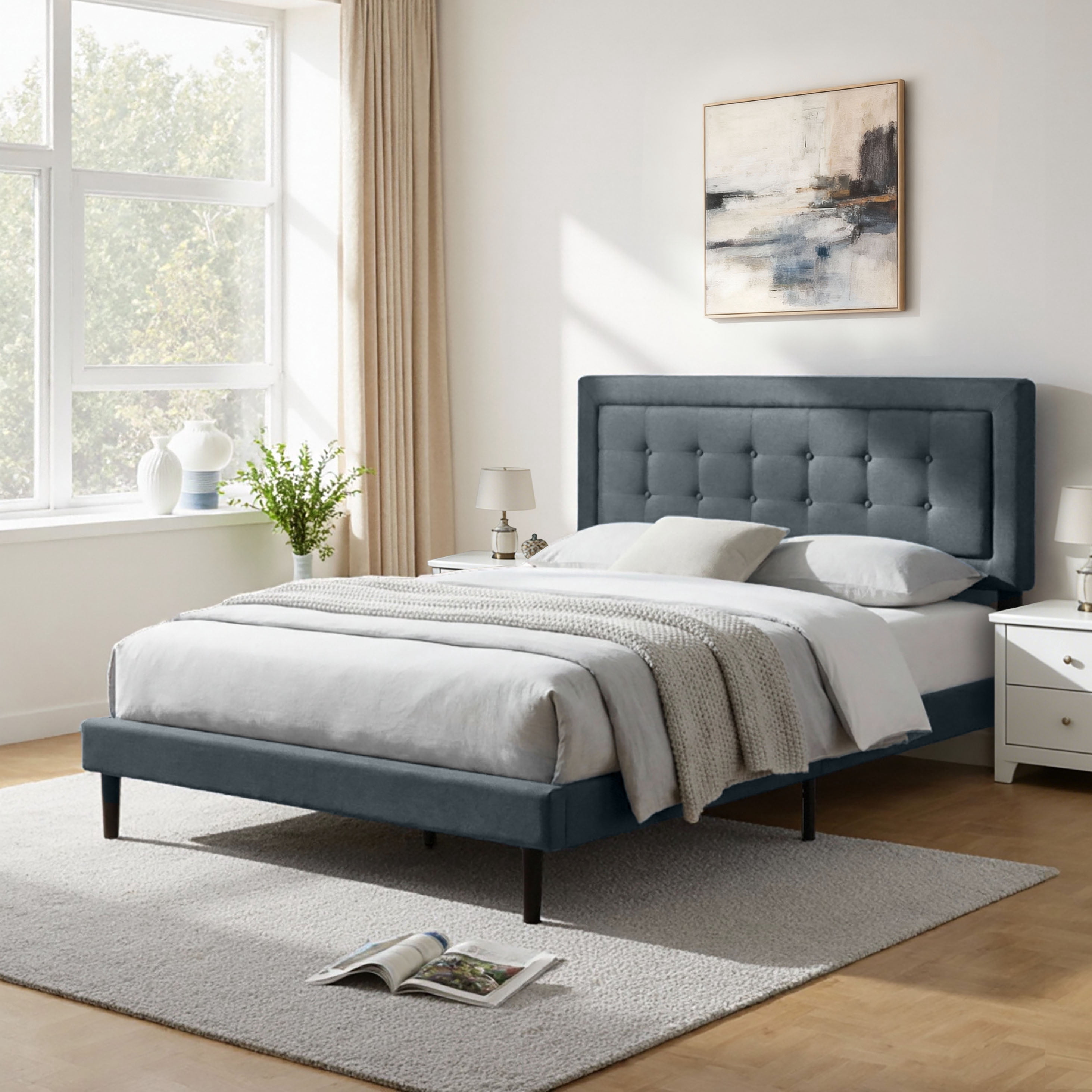 Gewnee Queen Size Upholstered Platform Bed Frame, Tufted Headboard, Solid & Manufactured Wood, Wood Slat Support, Under Bed Clearance for Robot Vacuum, for Bedroom， Dark Gray Linen