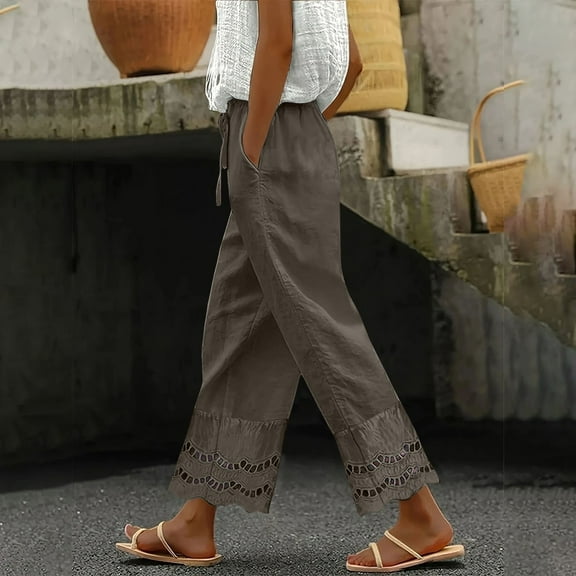Beige Cargo Pants Women Summer 2025 New Women's Casual Loose Fitting Waist and Ankle Patchwork Lace Cotton and Linen Pants Woman Pants Clearance