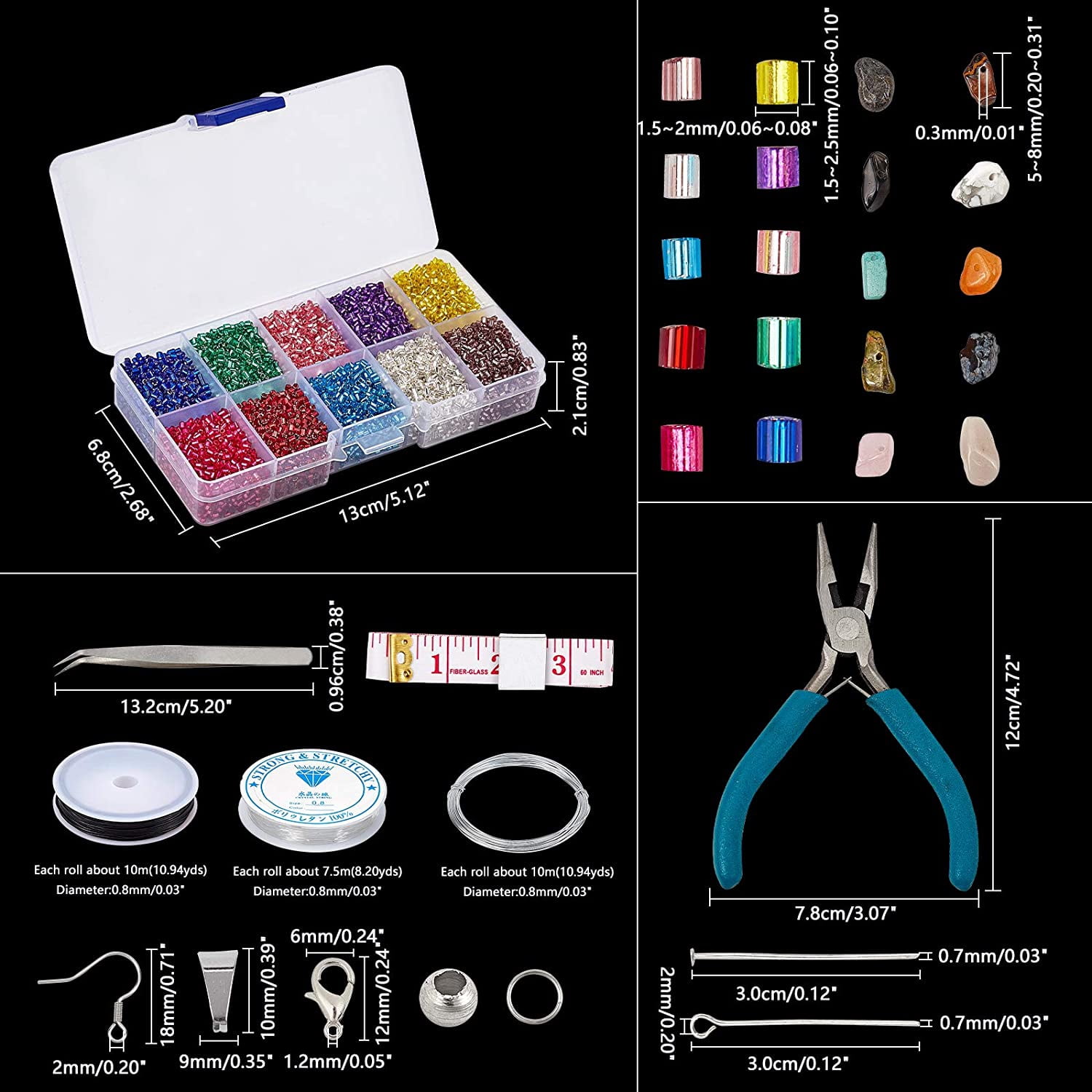 Jewelry Making Kit 430 pcs 10 Colors Natural Chip Stone Beads 110g 2mm Seed Beads Crimp Beads Jump Rings Ice Pick Pinch Bail Earring Hook Lobster Claw Clasp Head Pin for Bracelet Making Gemstone