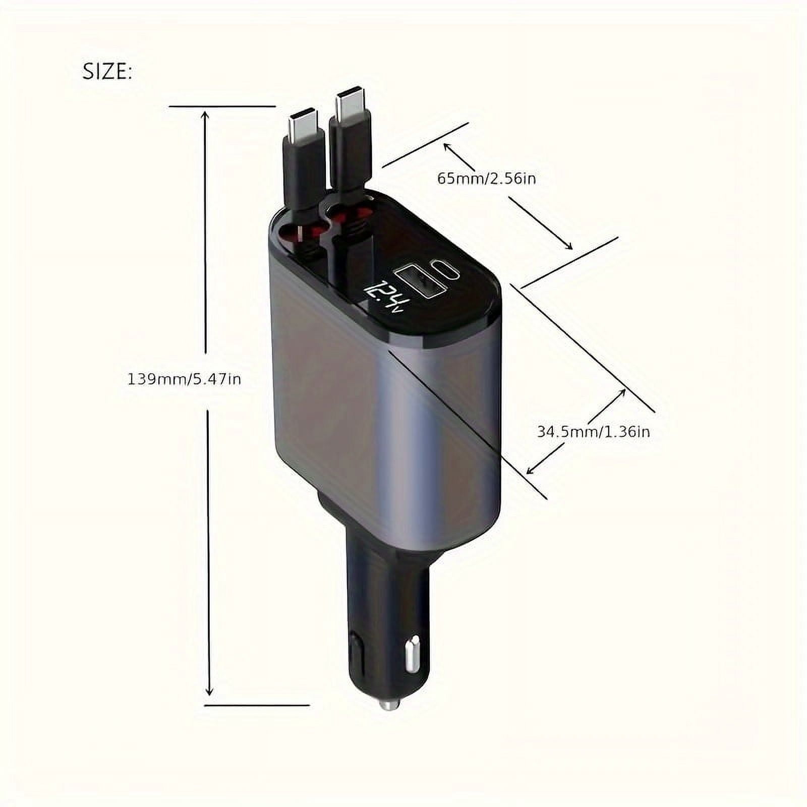 4-in-1 Car Charger with Dual Retractable Cables Dual USB-C PD Fast Charging Ports,Car Plug Adapter with Voltage Display,Matte Plastic Flat-Shaped 50-80W Power Output,Multi-Port USB Car Charger Adapter