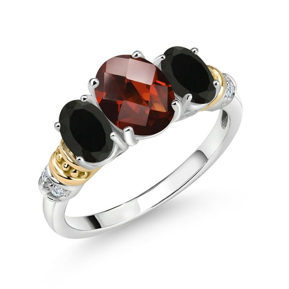 Gem Stone King 925 Sterling Silver and 10K Yellow Gold Oval Red Garnet Black Onyx and White Diamond 3 Stone Ring for Women (2.36 Cttw, Gemstone January Birthstone, Size 9)