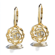 14K Yellow Gold Plated Caged with Crystals Rose Lever Back Earrings