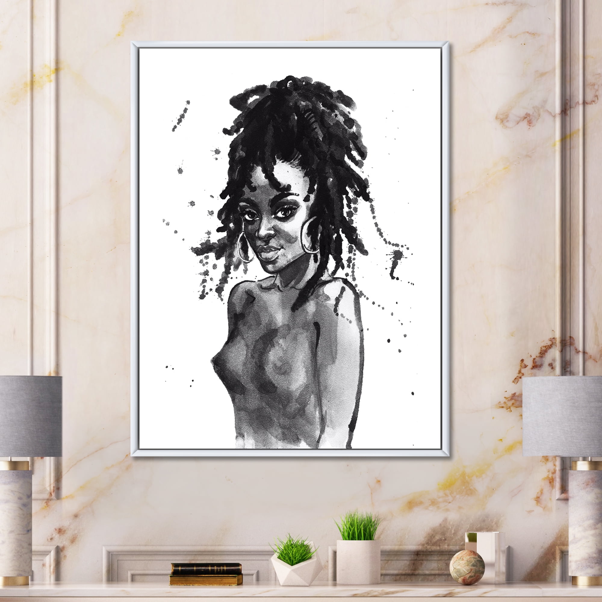 Designart 'Black and White Portrait of African American Woman V' Modern Framed Canvas Wall Art Print