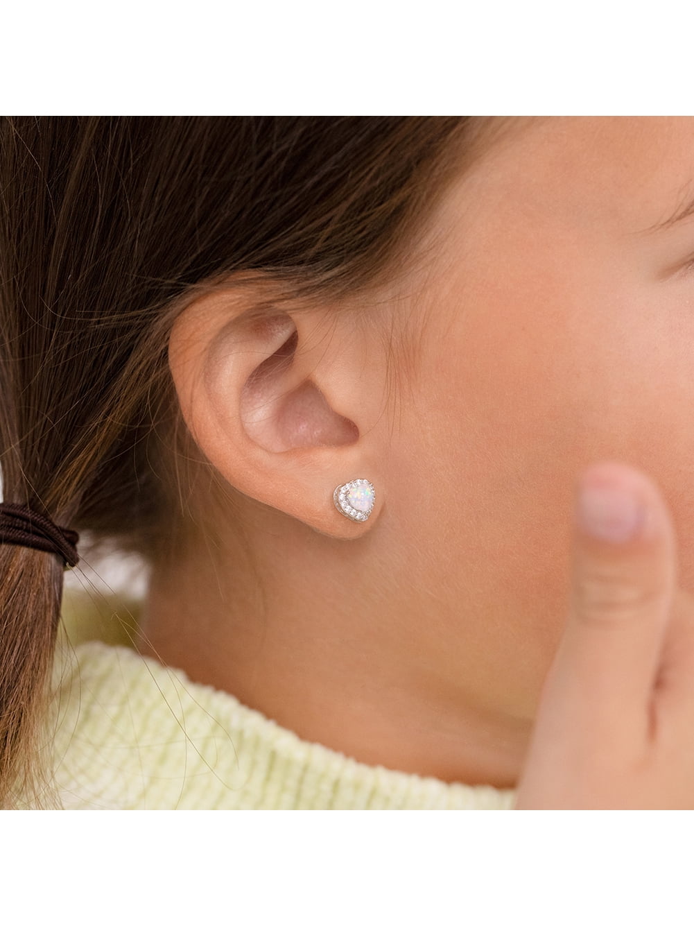 Opal CZ Heart Kids / Children's / Girls Earrings Screw Back - Sterling Silver
