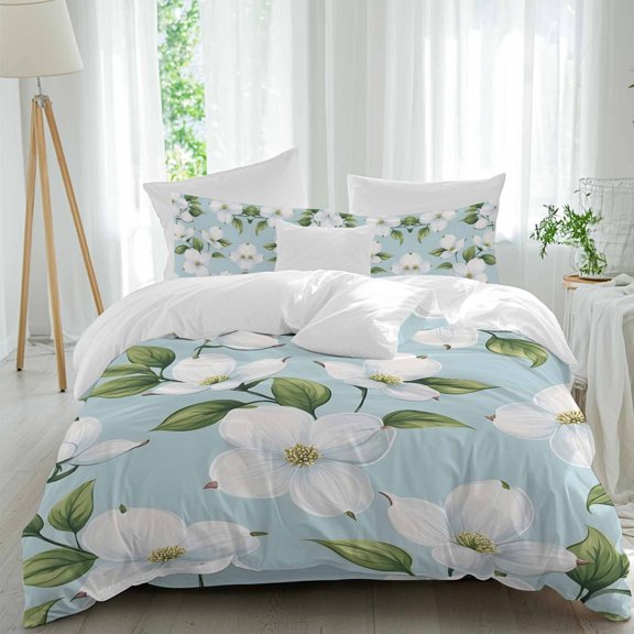 Whie Gardenia 4 piece Duvet Cover Set, Comfort Bedding Set King Size Include a Duvet Cover, a Bed Sheet, 2 Pillowcase with Zipper for All Season