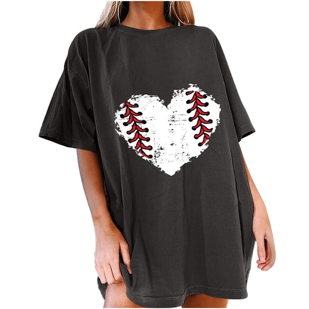 Tops de manga corta con hombros caídos informales de verano para mujer, camisetas divertidas con cuello redondo y estampado de béisbol OAVQHLG3B Store lin121212