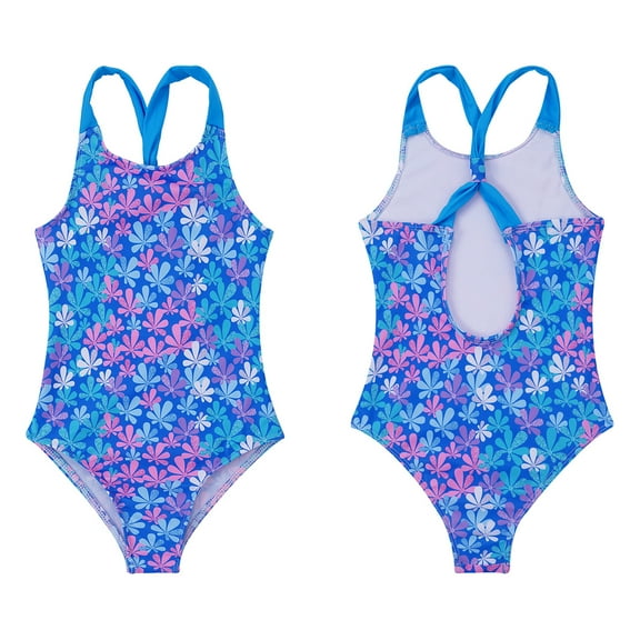 YONGHS Kids Girls Swimsuit Criss Cross Back One Piece Swimming Bathing Suit Beachwear Colorful Floral Blue 16