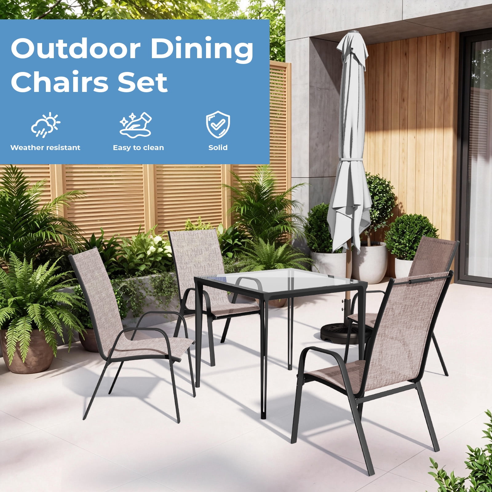 FUNDAZE Outdoor Dining Chairs Set of 4, Patio Dining Chair Stackable Armrest Patio Chairs Space Saving for Garden Backyard Deck, Brown