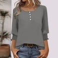 thumbnail image 2 of Women Shirts 3/4 Sleeve Crewneck Tunic Tops Button Solid Color Dressy Casual Ruffle Sleeve Shirt Business Blouses S-2XL, 2 of 6