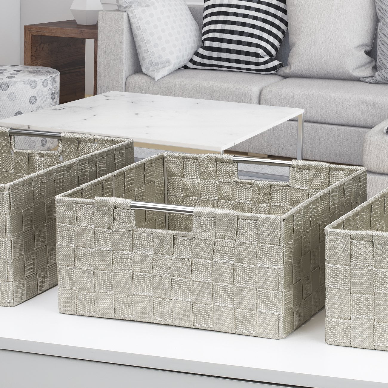 Sorbus Storage Box Woven Basket Bin Container Tote Cube Organizer Set Stackable Storage Basket Woven Strap Shelf Organizer Set 3 Piece, Beige
