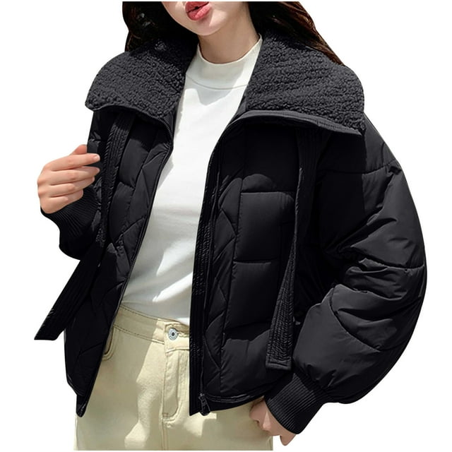 hoksml Women's Short Puffer Jacket with Lapel Collar, Solid Color Zip Front Coat Modern Winter Jacket with Pockets