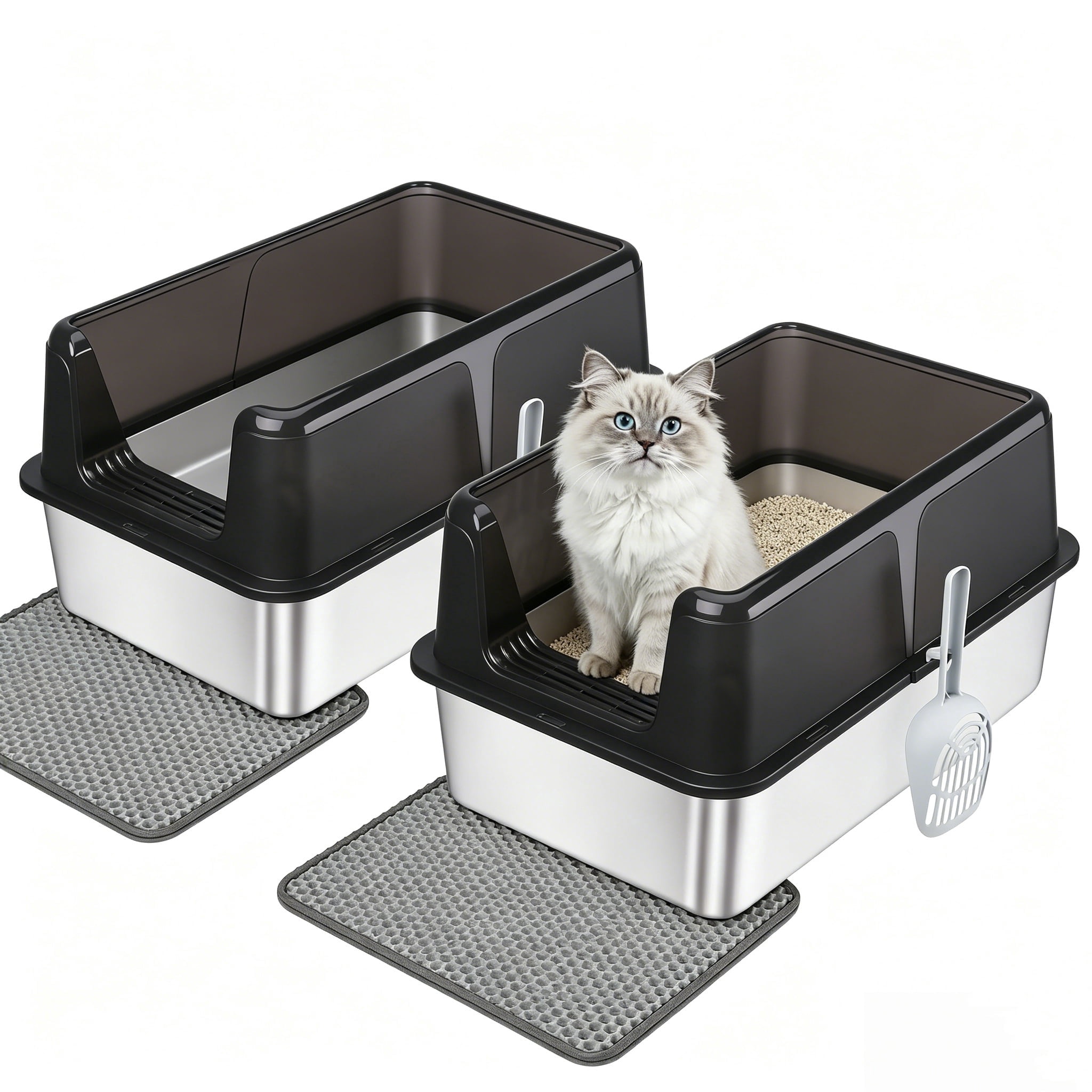 Active Mind Ltd 2-Pack Stainless Steel Cat Litter Box, Extra Large Litter Box, High-Wall Design for Odor Control & Less Tracking, for Various Large Cats, Black