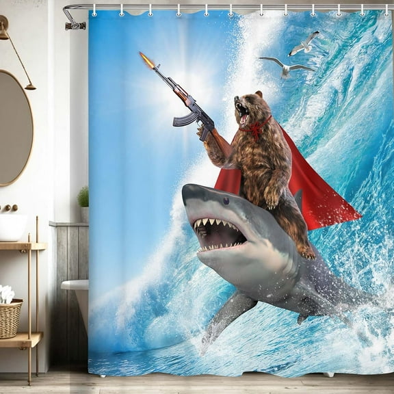 Funny Bear Shower Curtain, Cute Funcy Amusing Bear Riding Shark on Sea Ocean Shower Curtain Set, Blue Nautical Humorous Animal Waterproof Fabric Bathroom Curtain with Hooks