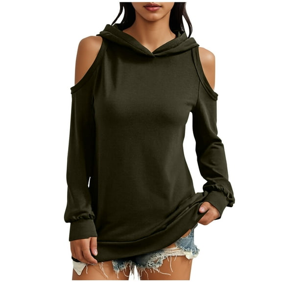 successthop Cold Shoulder Hoodie Women Off Shoulder Long Sleeve Streetwear Trendy Top Solid Casual Sweaters Army Green