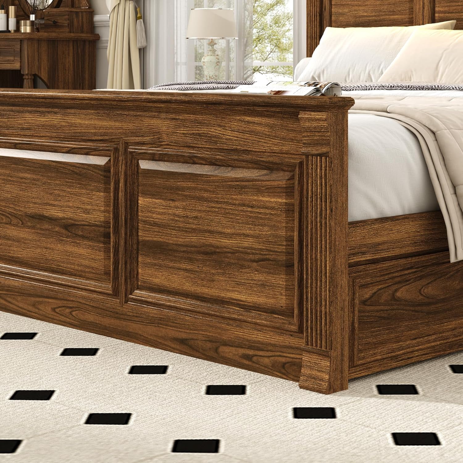 Blotout Farmhouse King Size Bed Frame with 55" Tall Storage Bookcase Headboard & 4 Drawers, Wood Platform Bed Frame with 24" Roman Colum Footboard, LED Light, Charging Station, No Box Spring Needed