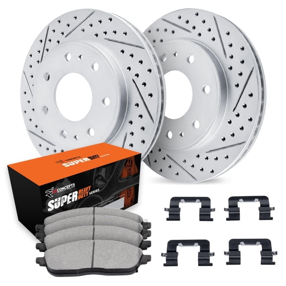 R1 Concepts Drilled and Slotted Carbon Coated Disc Brake Rotor Set with Super Duty Pads and Hardware WBXH1-99137