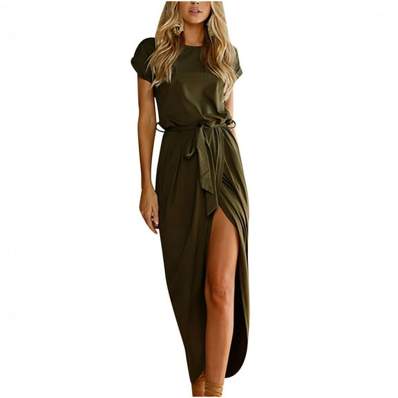 SDJMa Women's Summer Dress 2022 Casual Short Sleeve Crew Neck Smocked Elastic Waist Tiered Midi Slit Pleated Dress