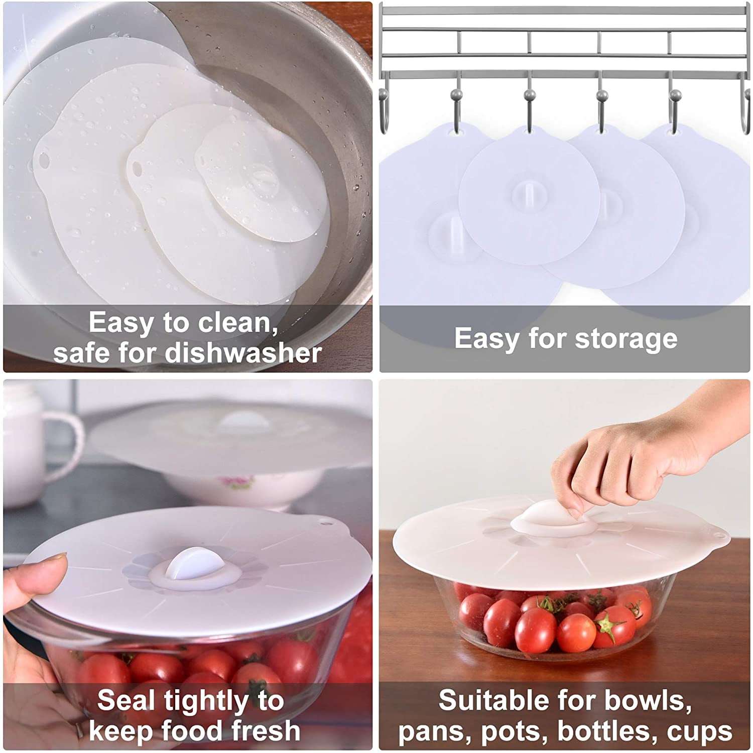 Kepooman Kitchen Reusable Silicone Bowl Lids for Food Container, Food Storage Covers for Freezer & Microwave, Various Sizes, Set of 5, White Kepooman Kitchen Reusable Silicone Bowl Lids for Food Container, Food Storage Covers for Freezer & Microwave, Various Sizes, Set of 5, White