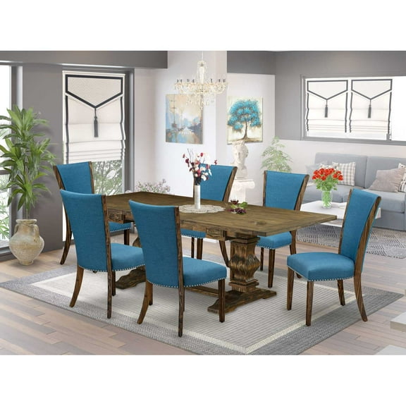 East West Furniture LAVE7-77-21 7Pc Dinette Set Offers a Dining Room Table and 6 Upholstered Dining Chairs with Blue Color Linen Fabric, Distressed Jacobean Finish