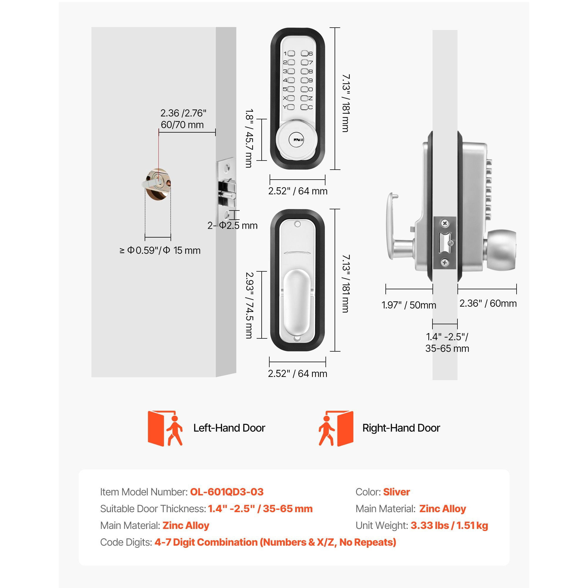 Mechanical Keyless Door Lock Gen2 Single-Sided 4-7 Digit Code No Batteries Cuttable Spindle for Front Gate Garden Garage