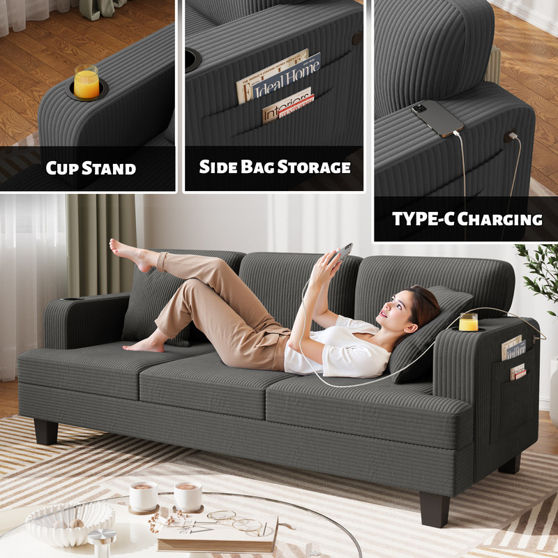 Homall 84''W Modern Sofa 3 Seat Adult Corduroy Couch with Wide Armrest Fabric Couch with USB Charging Ports for Living Room, Gray