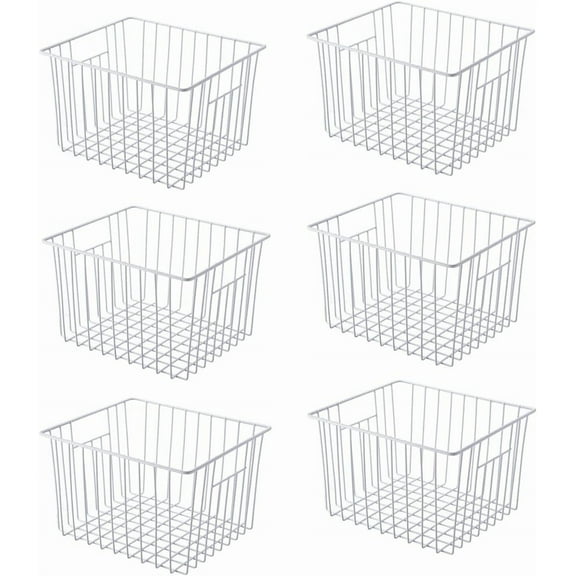 Freezer Basket Organizer, Refrigerator Metal Wire Storage Divider, Household Container Bins with Handles for Kitchen, Pantry, Cabinet, Closets - Pearl White (6, 11in x 10in x 5.5in)