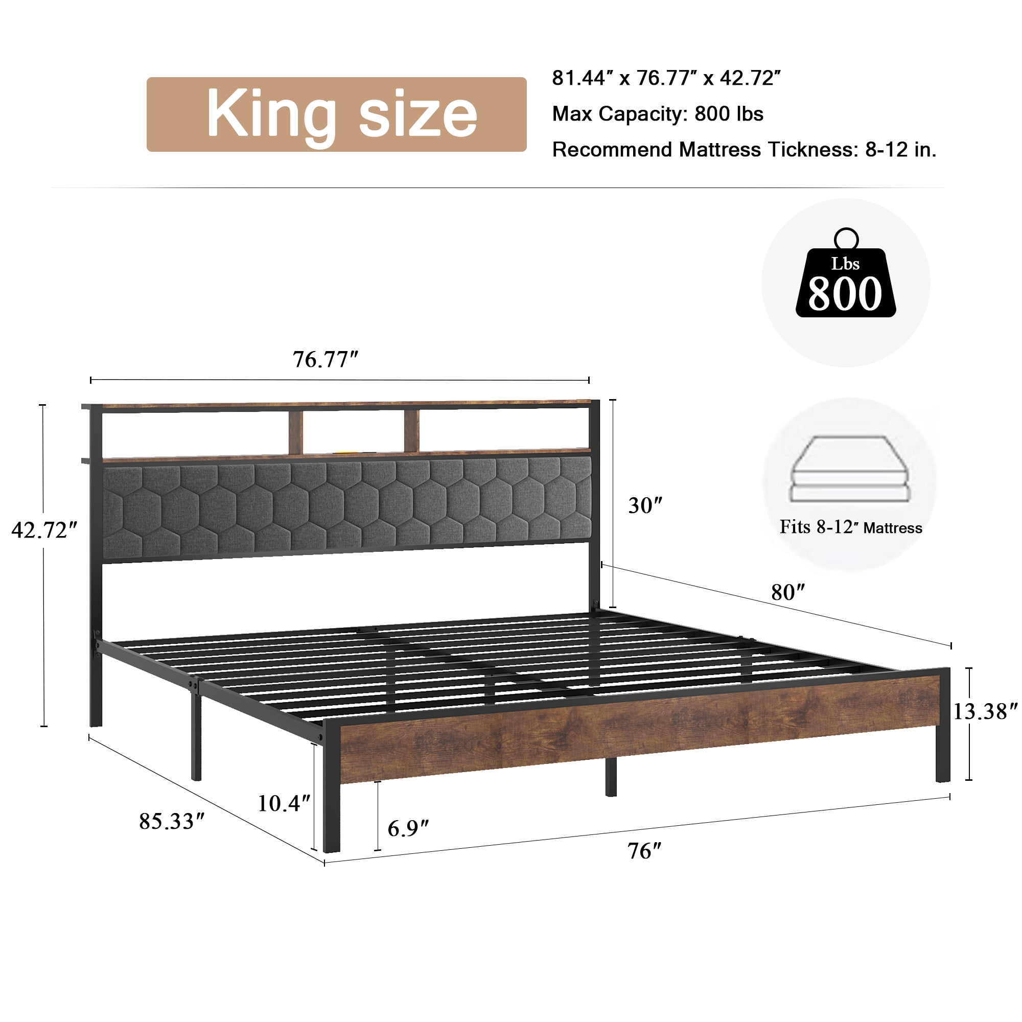 Leumius King Size Bed Frame with Upholstered Headboard, Industrial Style Platform Bed Frame with 2 USB Ports and Storage Shelf, Brown