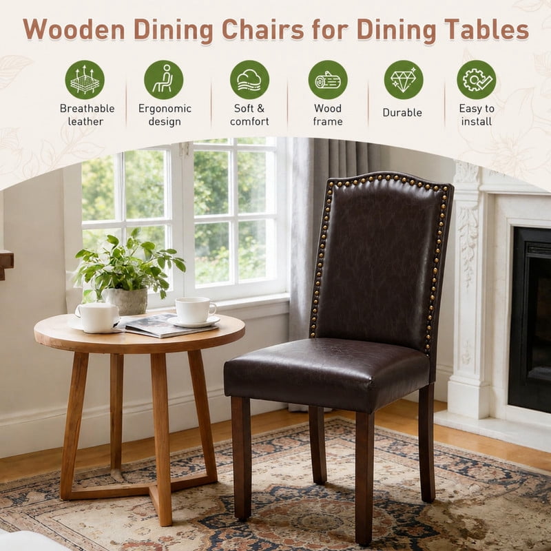 BEAUTYPEAK Dining Chairs Set of 2 Upholstered Parsons Chairs with Nailhead Trim Padded Leather Seats and Wood Legs, Brown