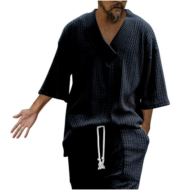 Camisas de Manga Corta de los Hombres con Cuello en V Set de Blusa, Poliéster Ligero para el Hogar, Diario Y Próximo Verano de Primavera