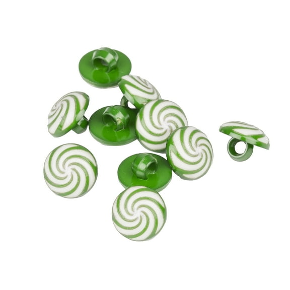 Mibo 10pcs Nylon Resin Shank Button - Christmas Candy Cane Swirl Design - 16L(10mm) - Green/White