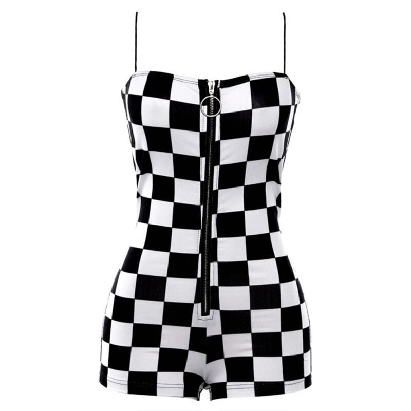 black and white plaid romper
