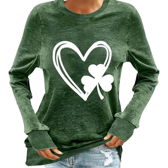 Aofany Women's St. Patrick's Day Long Sleeve Shirts Heart Shaped Shamrock Print T Shirt Comfortable Tops for Festive Celebrations