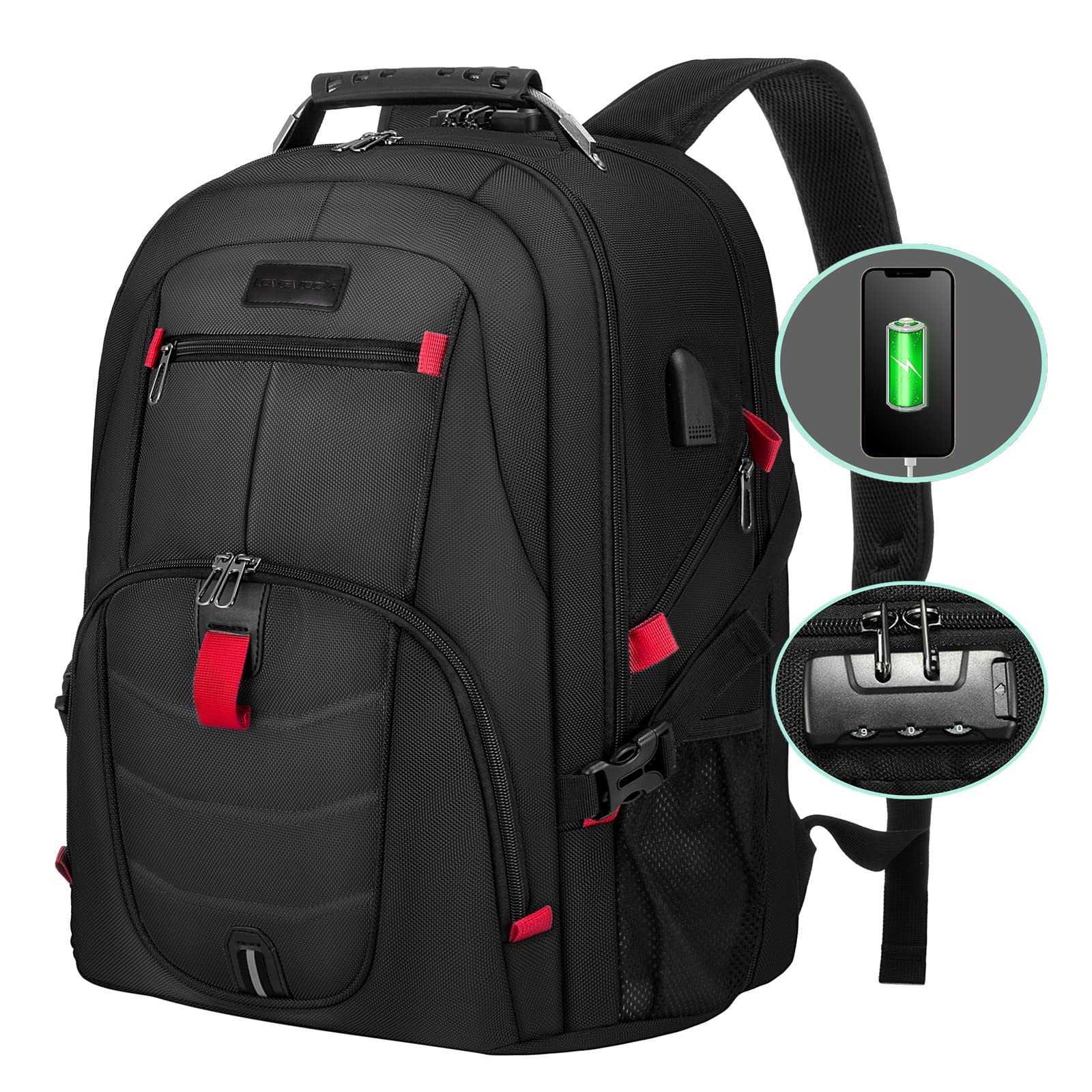 LOVEVOOK Travel Laptop Backpack for Men Women, Waterproof Anti-Theft Travel Backpack with USB Charging Port & Lock Black