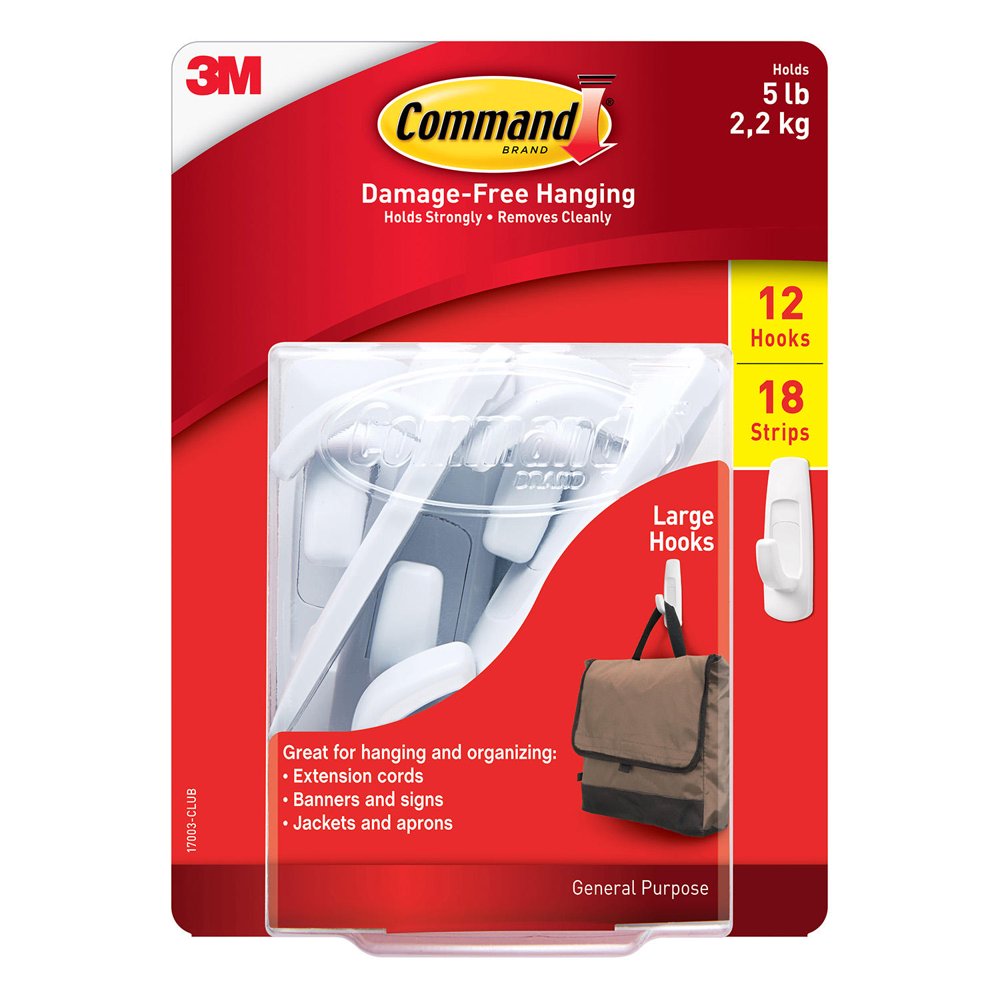 Command Large Utility Hooks, White, 12 Hooks, 18 Strips