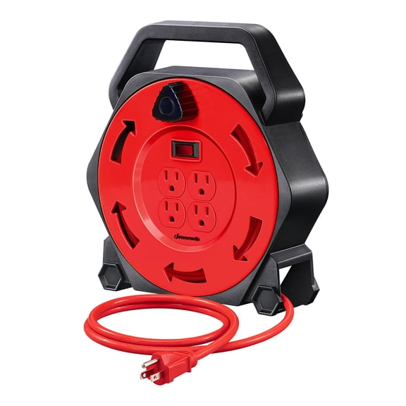 DEWENWILS 25FT Retractable Cord Reel, Hand Wind Extension Cord Reel, 16/3 SJTW Power Cord, 4 Grounded Outlets, 13 Amp Circuit Breaker, Ideal for Workshop, Outdoor, Red, UL Listed