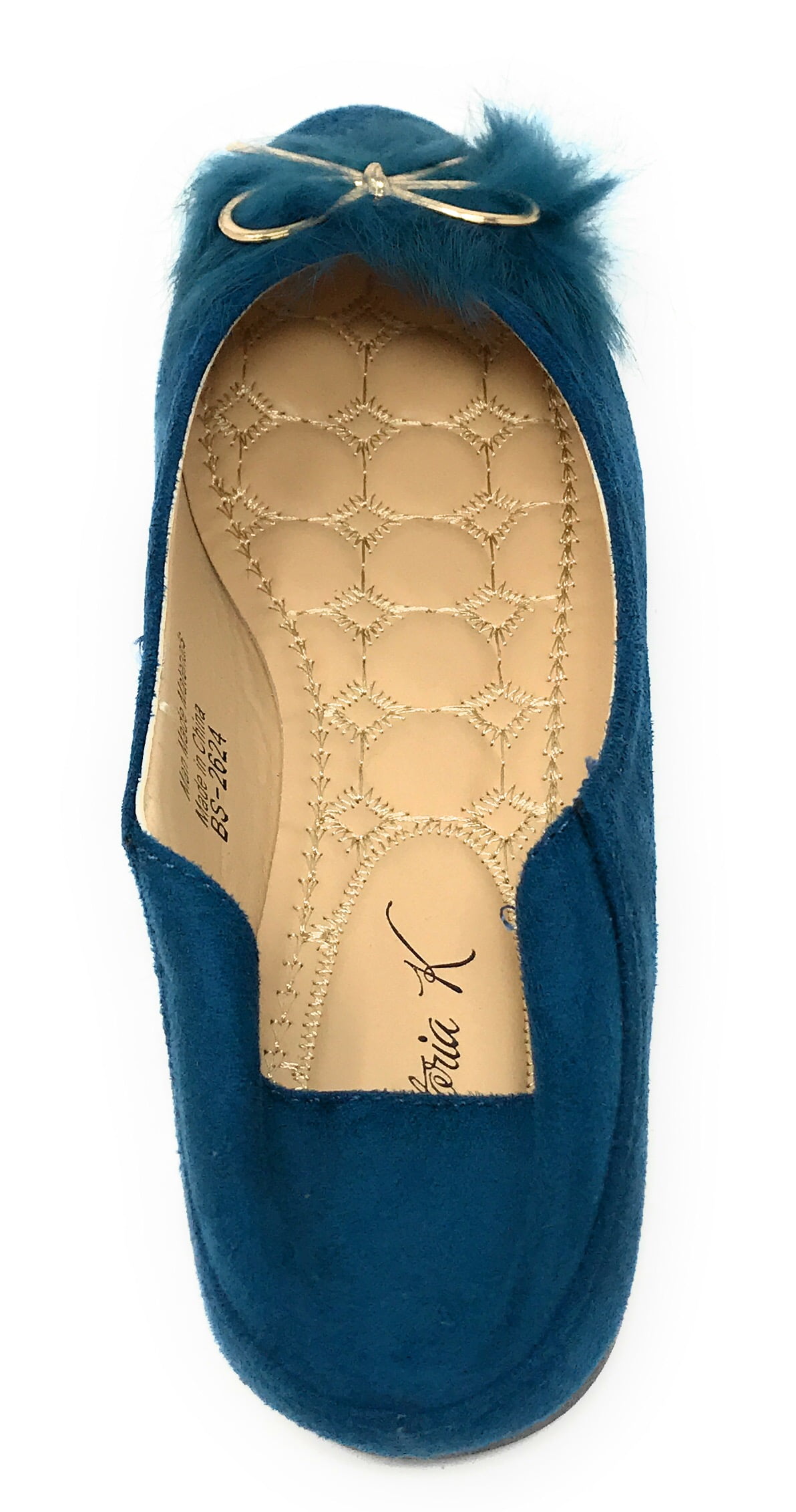 Victoria K Women's Foldover Sueded Faux Fur Gold Bow Ballerina Flats