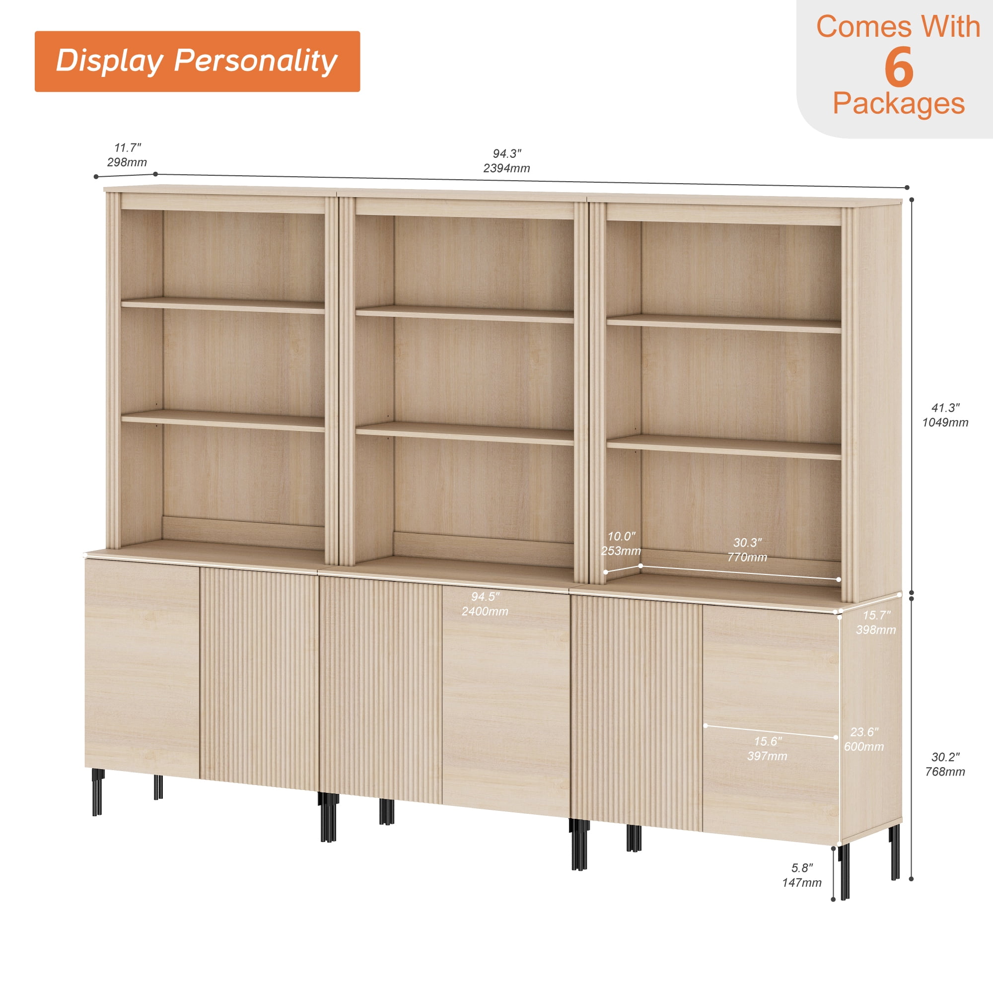 71.6"H X 94.5"W Set Of 3 Bookcase with Storage Cabinets, 15 Tier Bookshelf with Fluted Doors and Adjustable Shelves, Large Modern Display Cabinet For Living Room Bedroom Home Office Kitchen