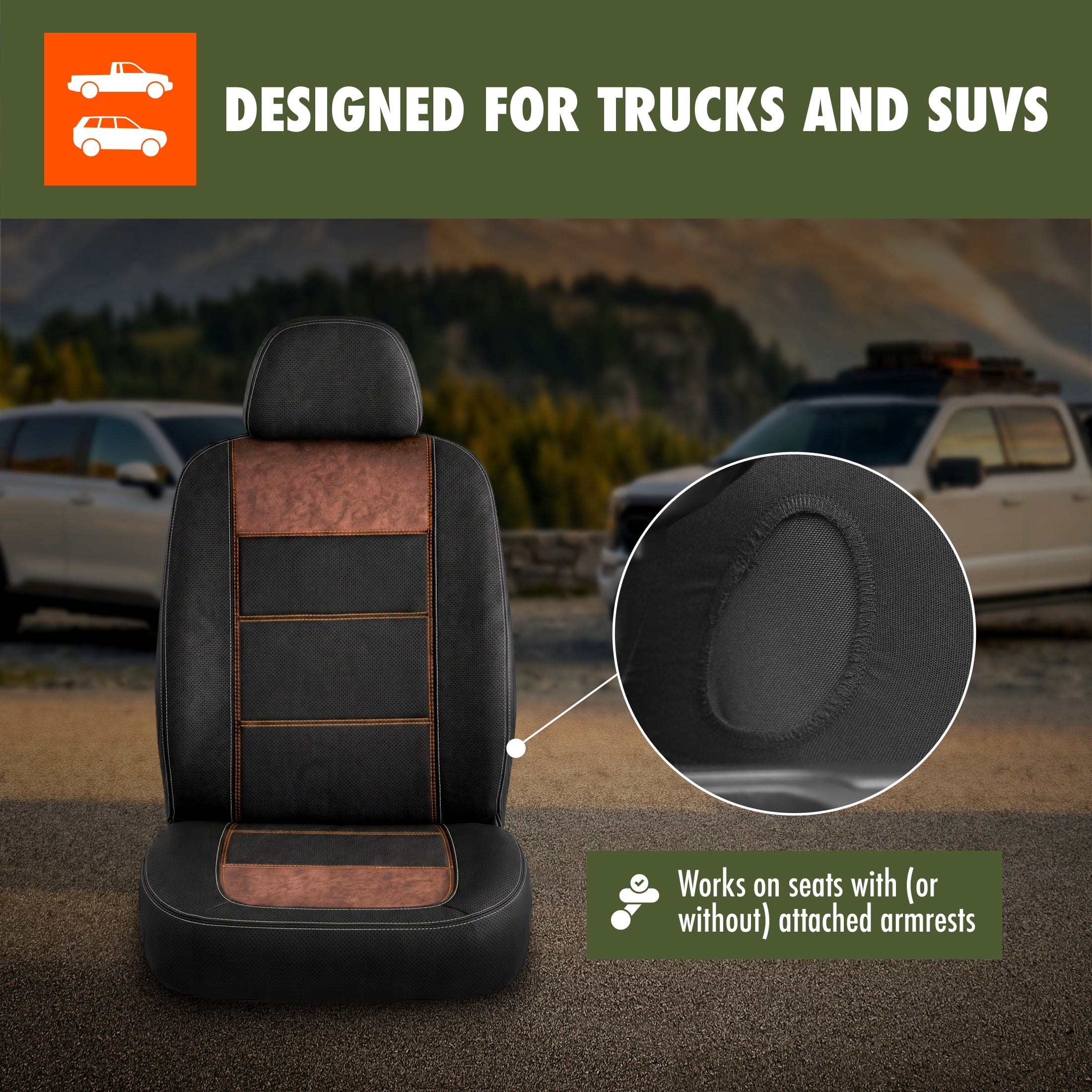 Ozark Trail Seat Covers 2 Pack, Heavy Duty Front Seat Cloth Fits Truck SUV CUV, Compatible with Attached Armrest, Black Vintage