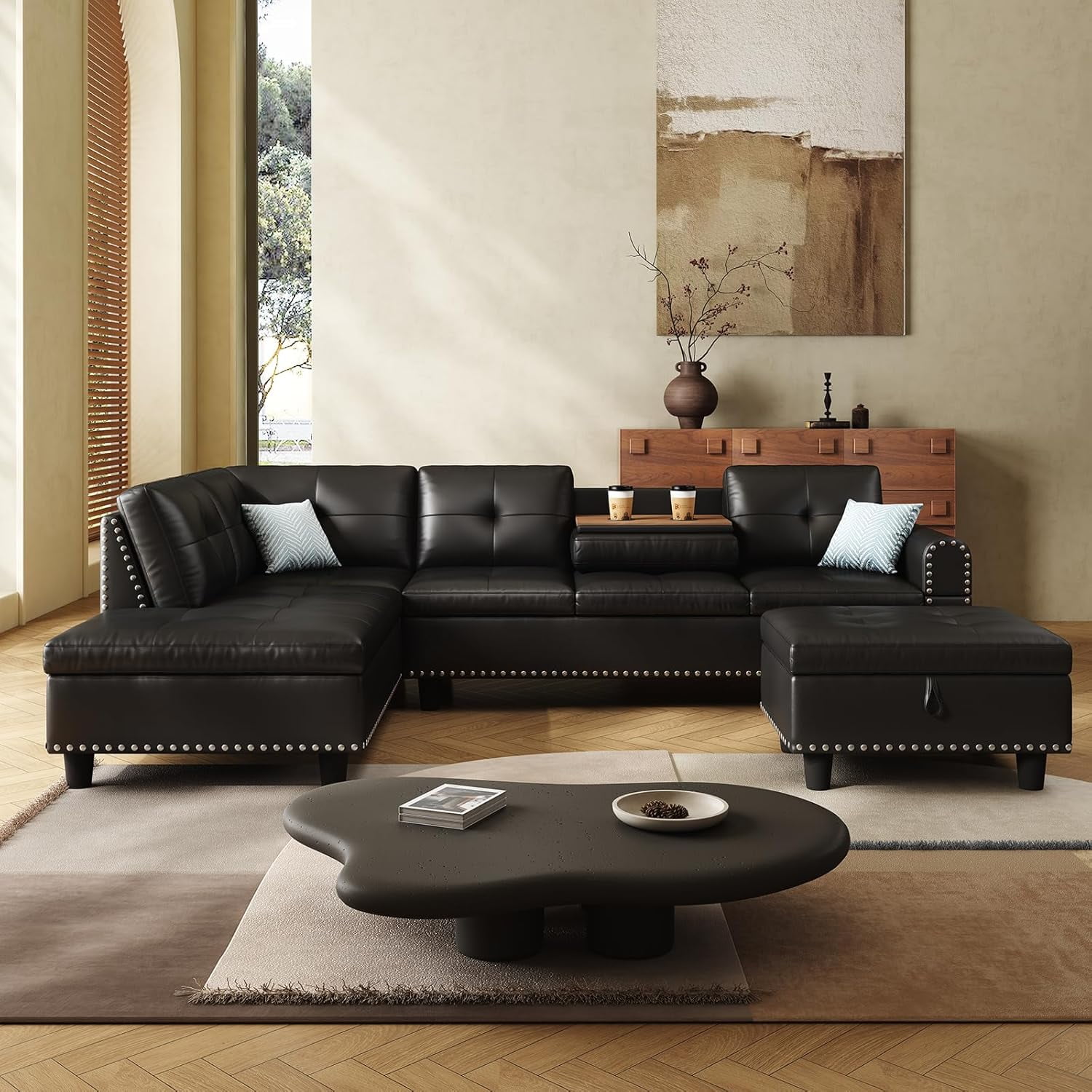 AENKYO 98" L-Shaped Sectional Sofa with Reversible Chaise, Storage Ottoman & Cup Holders, Faux Leather, Black
