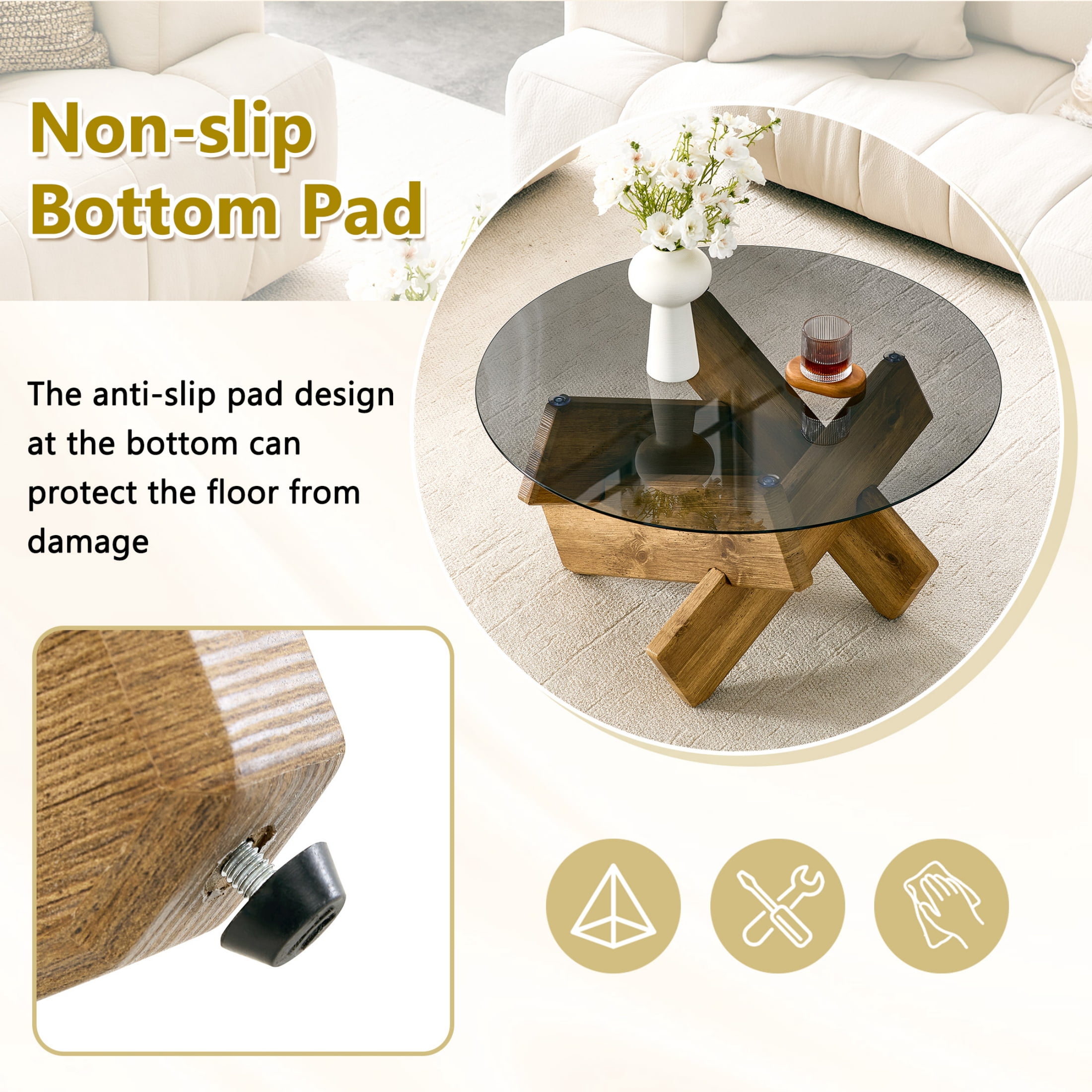 Vinform Round Coffee Table for Living Room, Gray Glass, Natural Wood