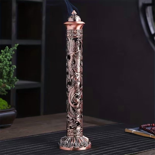 Quemador de incienso vertical con relieve de dragón y fénix de metal de estilo antiguo, artesanía decorativa tallada hueca for salón de té