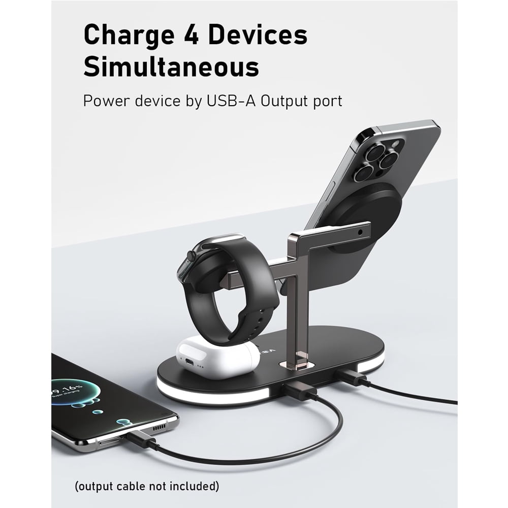 4 in 1 Aluminum Alloy Magnetic Wireless Charger Stand for Charger Stand Sdxps Fast Wireless Charging Station for iPhone 15 14 13/12 Series Apple Watch Airpods with LED Lamp 18W Adapter Black