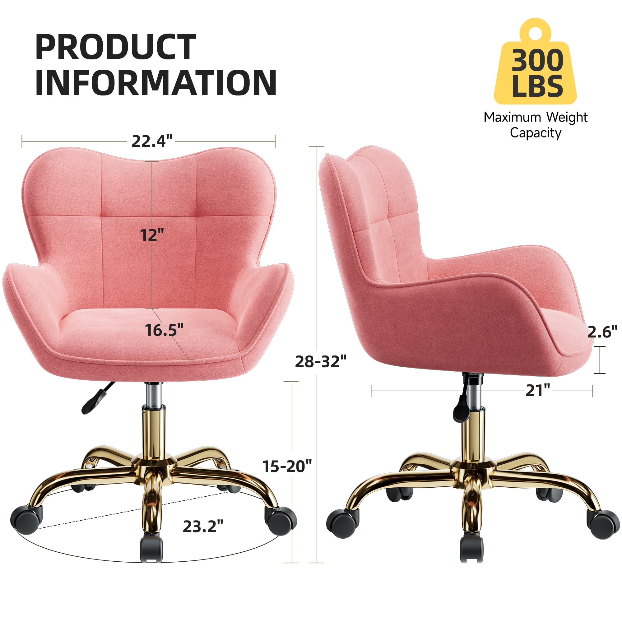 COOHUT Velvet Vanity Chair, Mackup Chair with Wheels, Comfy Swivel Modern Leisure Armchair for Girls Women, Small Office Chair Height Adjustable for Living Room, Bedroom, Offic, Pink